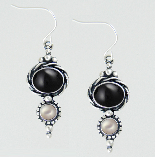 Sterling Silver Drop Dangle Earrings With Black Onyx And Cultured Freshwater Pearl